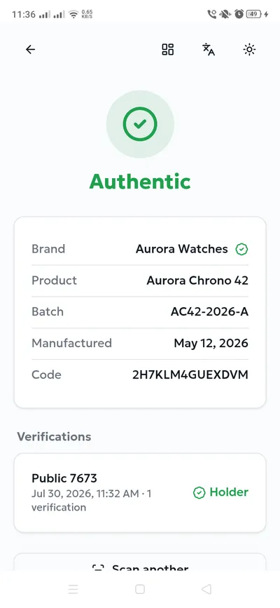An Authentic verdict in the verification app