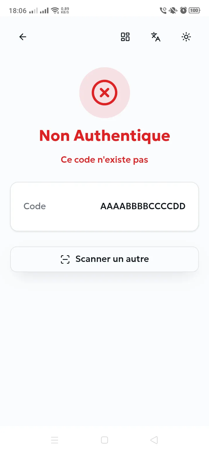Écran de verdict Non Authentique