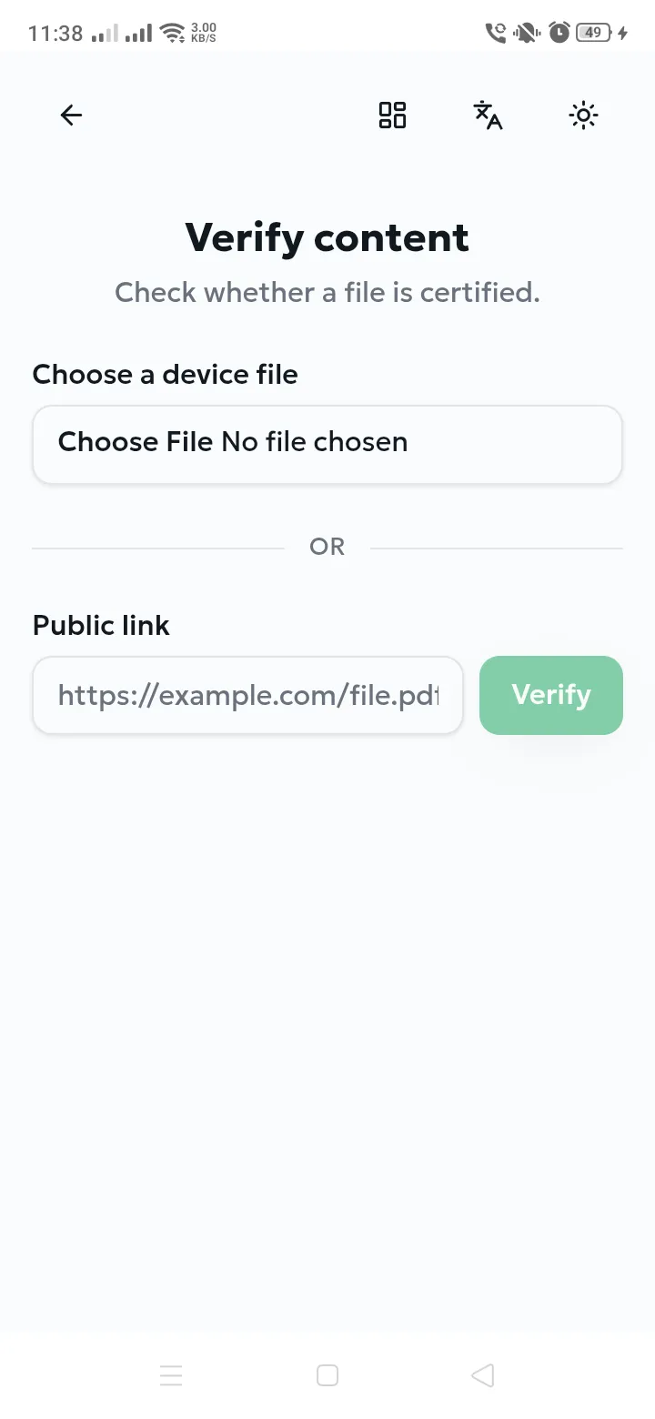 Verify content screen with file picker and link field