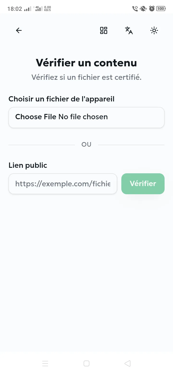Écran Vérifier un contenu avec le sélecteur de fichier et le champ de lien