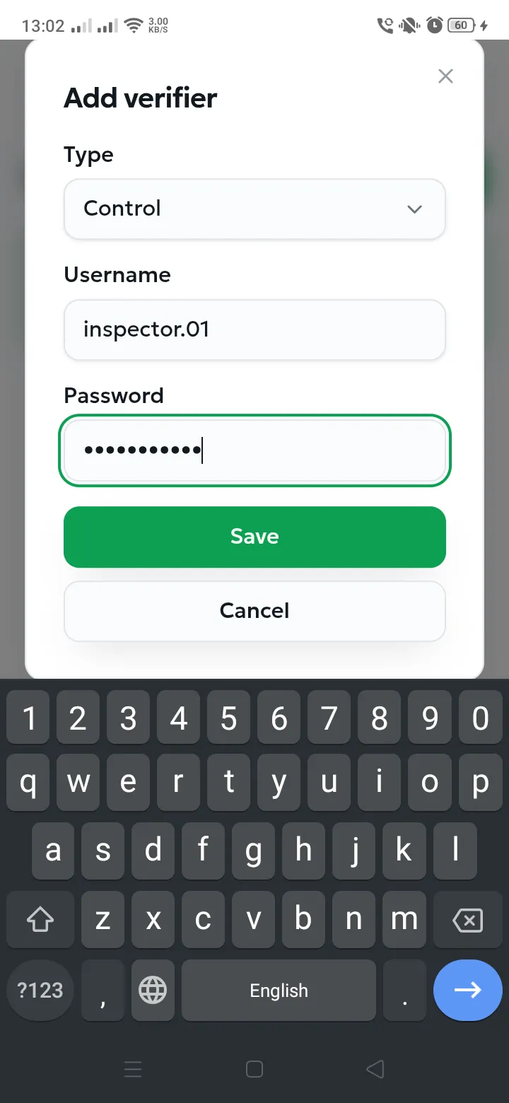 Add verifier dialog with type, username and password