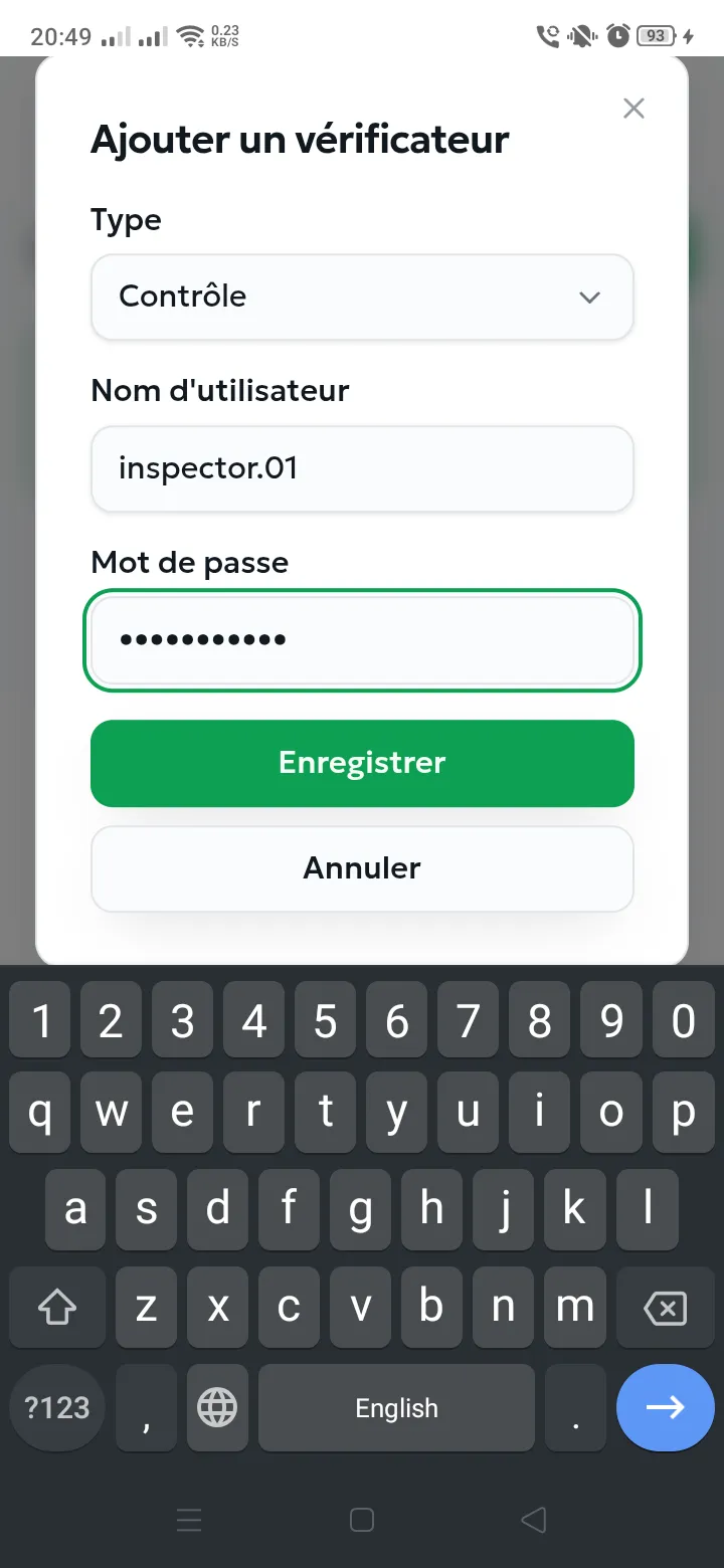 Boîte de dialogue d’ajout de vérificateur avec le type, le nom d’utilisateur et le mot de passe