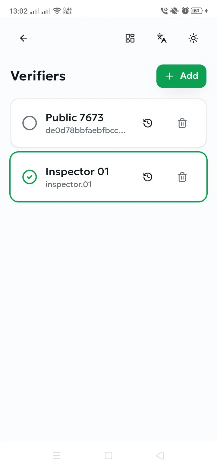 Verifier list with the active profile checked