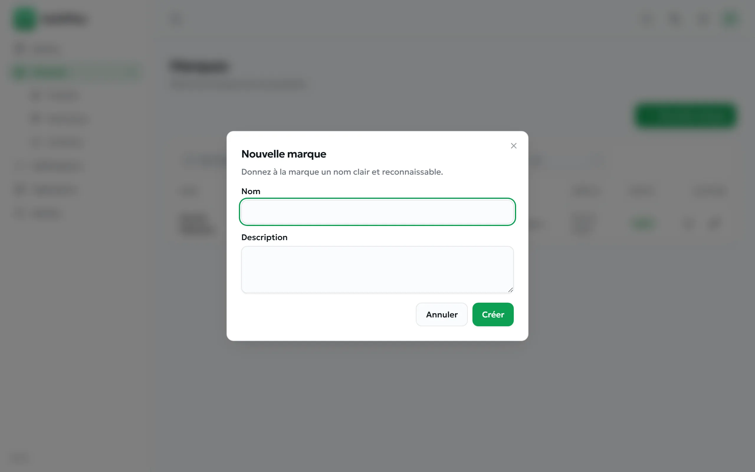 Boîte de dialogue Nouvelle marque