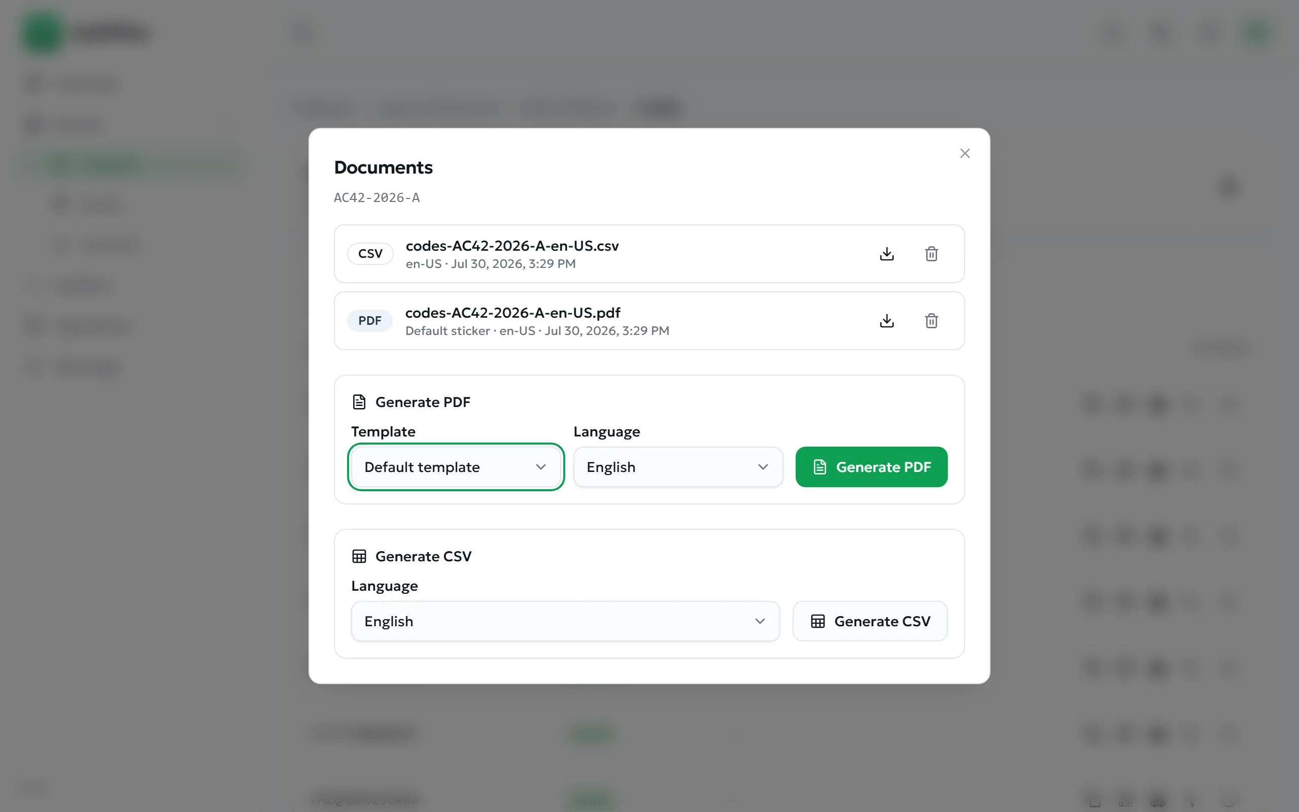 Documents dialog with generated PDF and CSV
