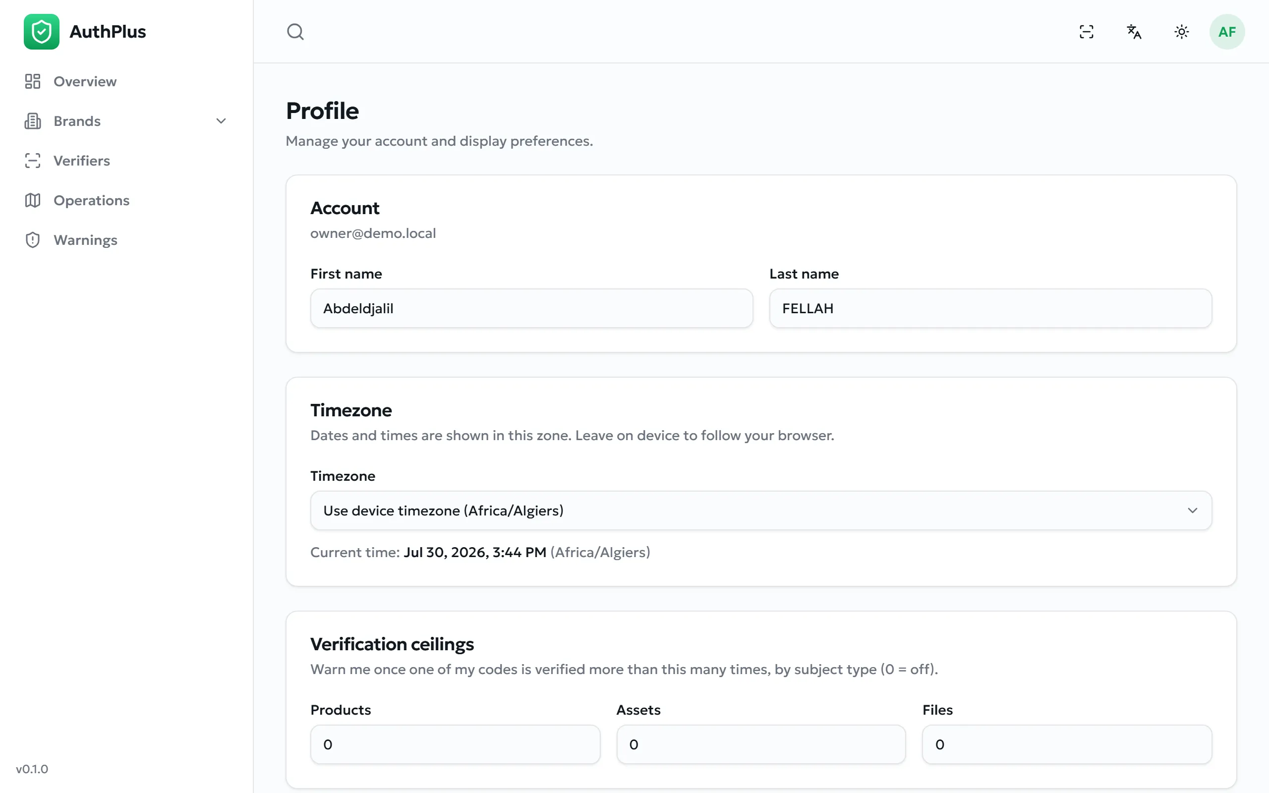 Profile page with identity, timezone, ceilings and security