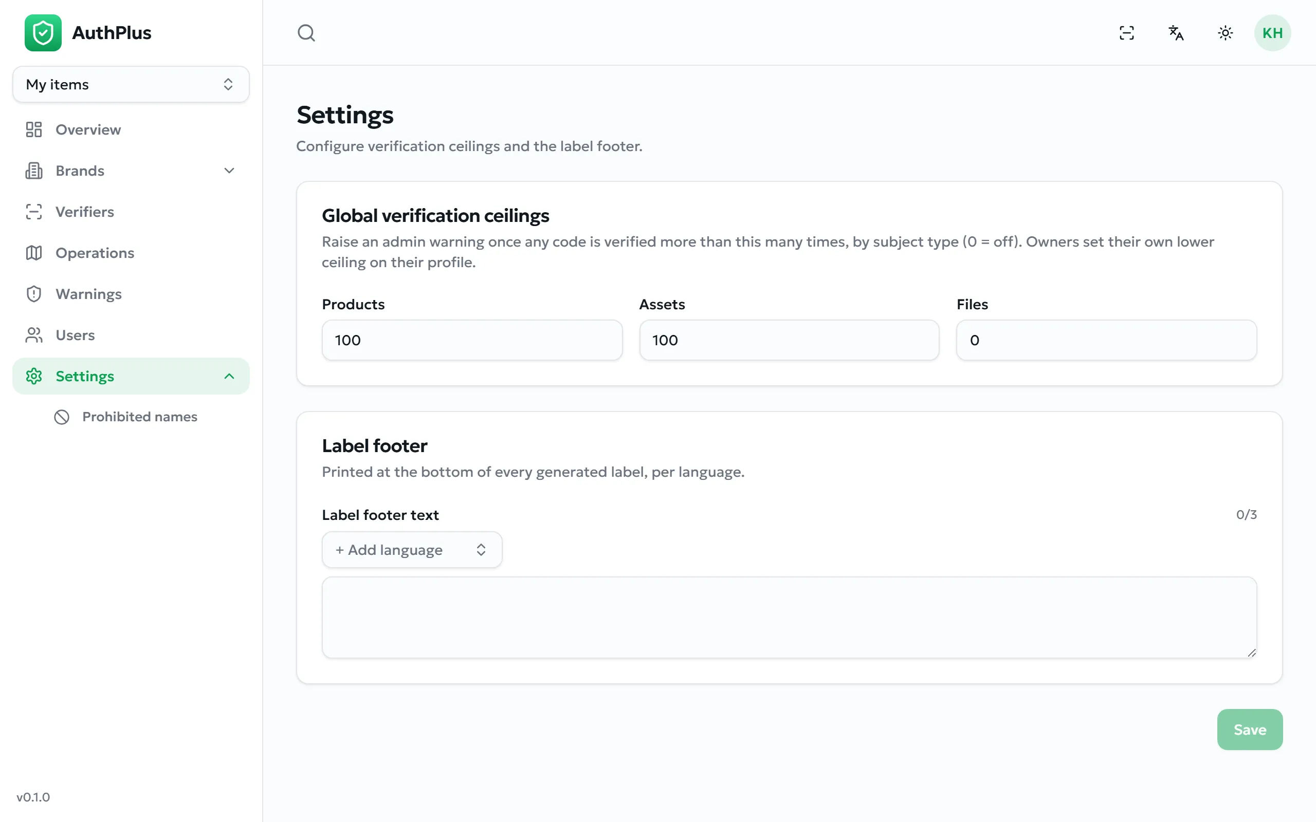 Settings page