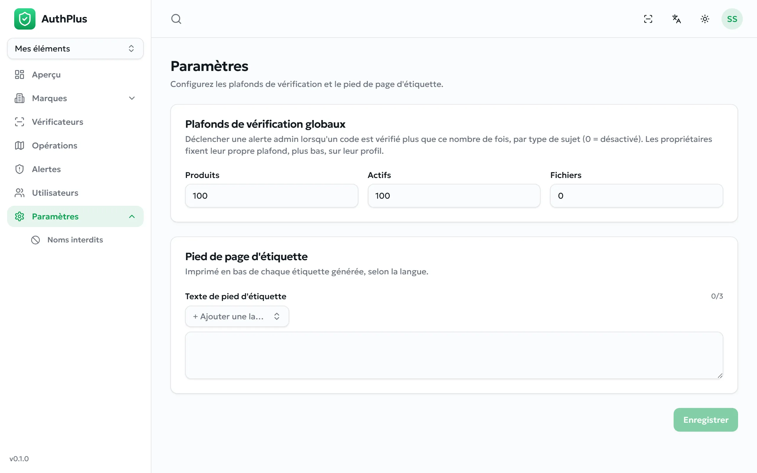 Page des paramètres