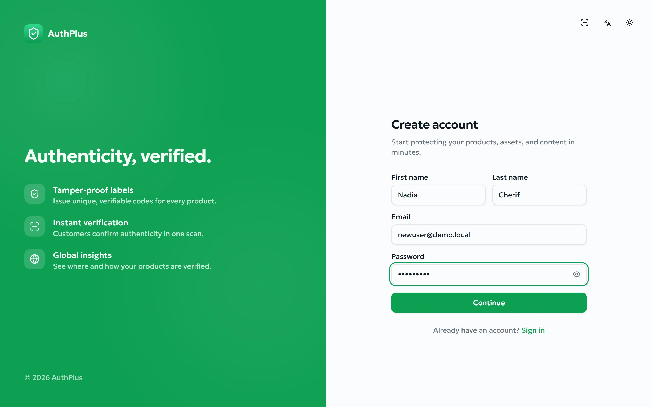 Sign-up form with name, email and password fields