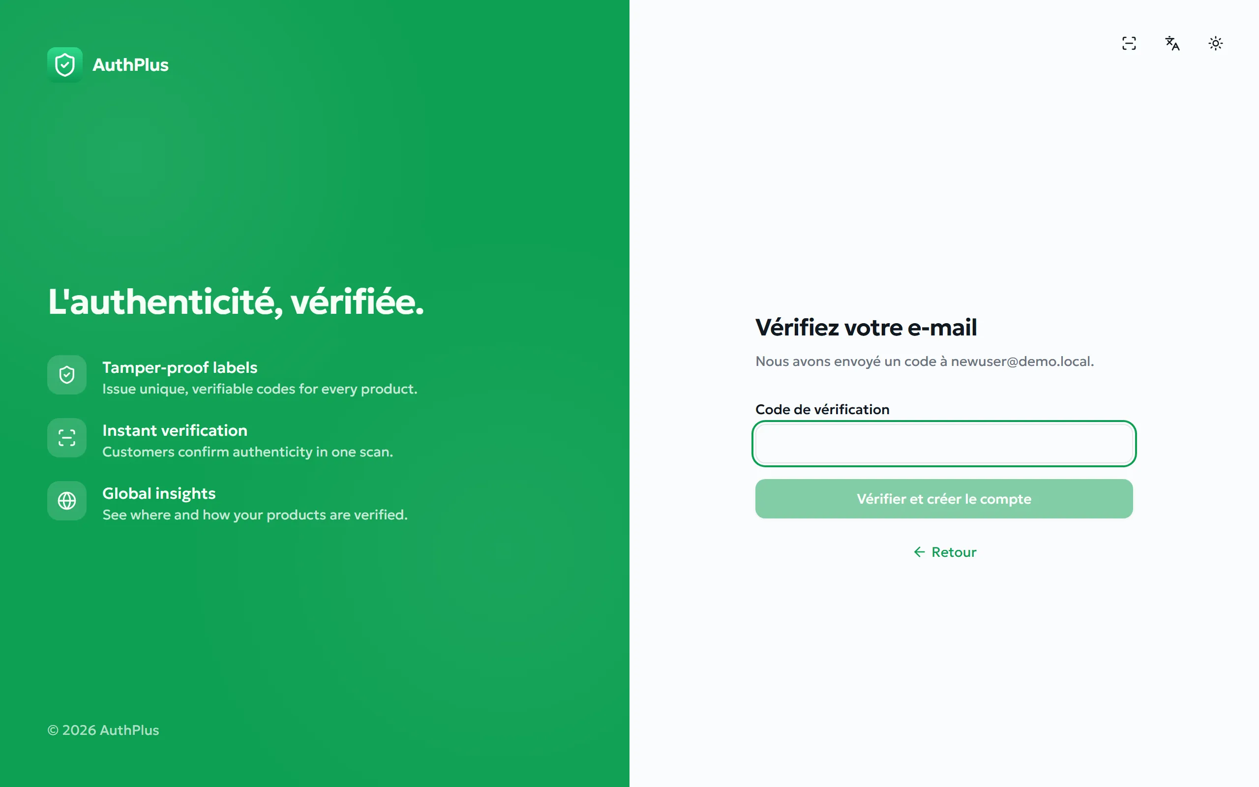 Écran du code de vérification