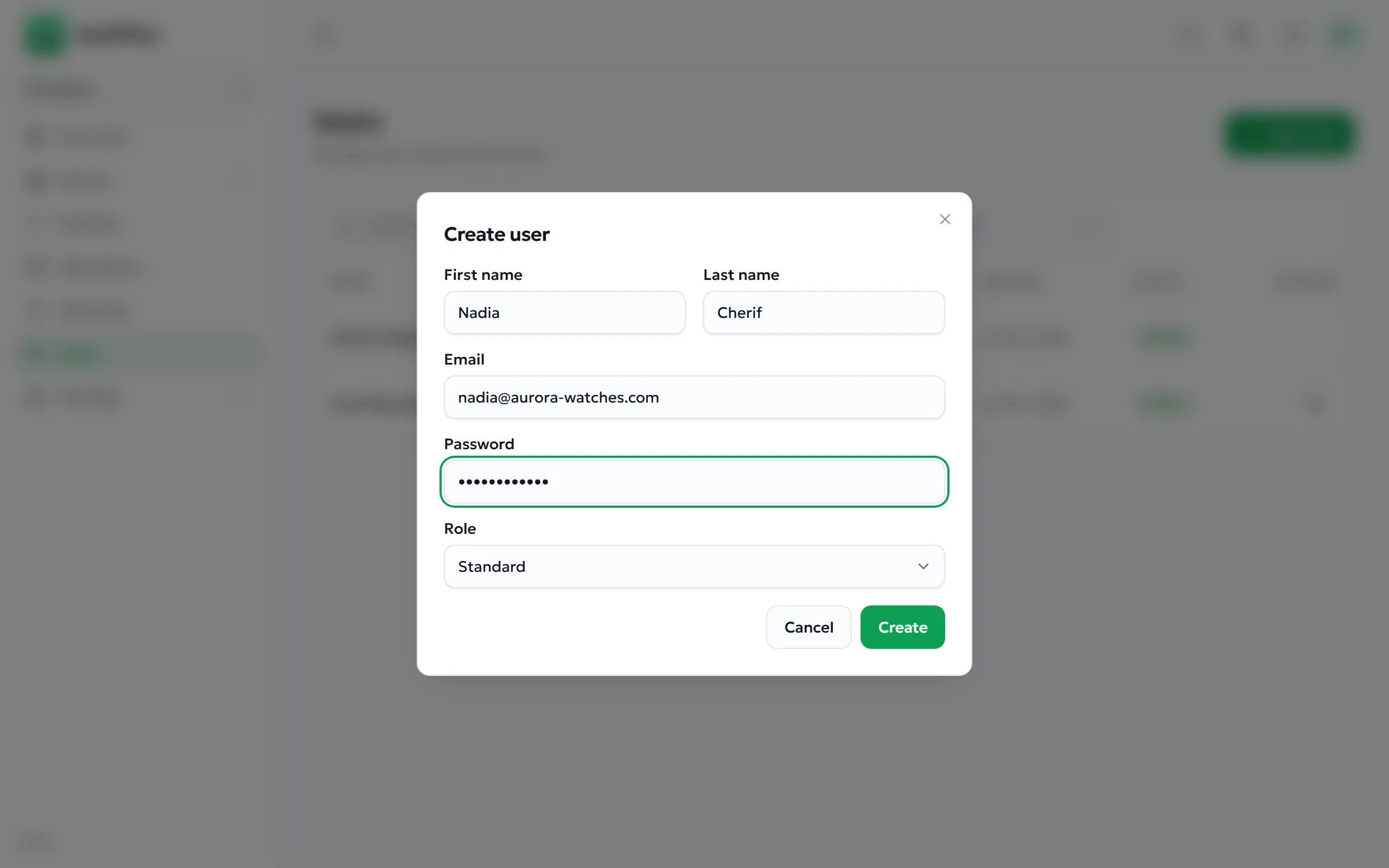 Create user dialog