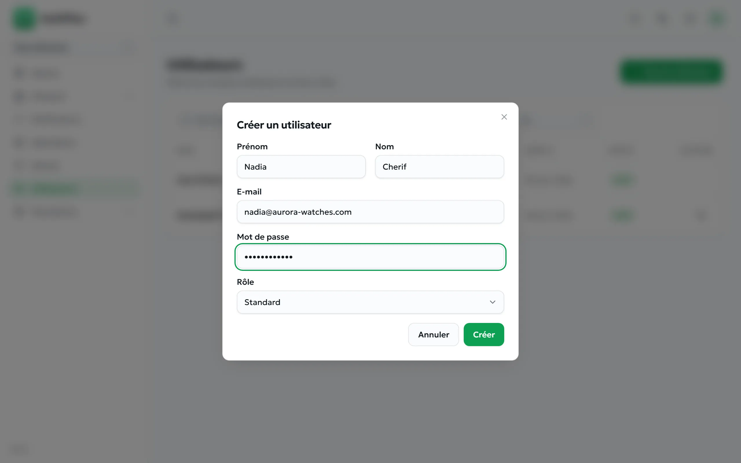 Boîte de dialogue de création d’utilisateur